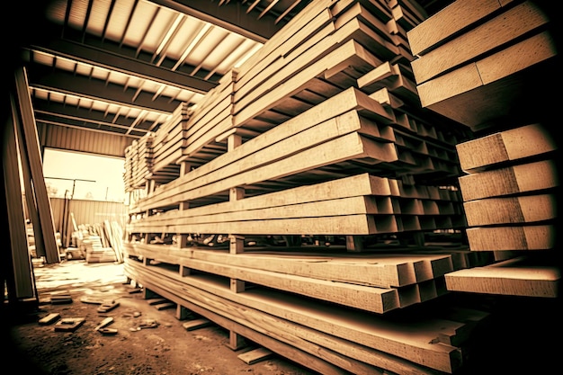 Pile de poutres en bois non attachées pour le bois de construction dans l'entrepôt de l'usine