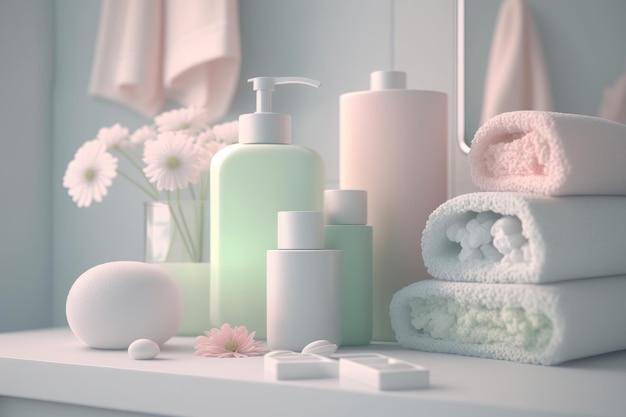 Une pile de produits de bain avec une serviette rose et une bouteille de savon.