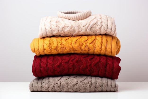 Une pile de pulls tricotés sur fond blanc