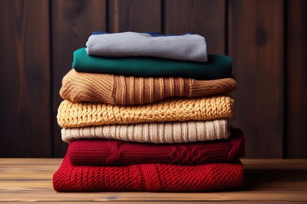 Une pile de pulls tricotés sur fond de bois brun