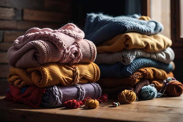 Photo une pile de pulls tricotés sur une table en bois