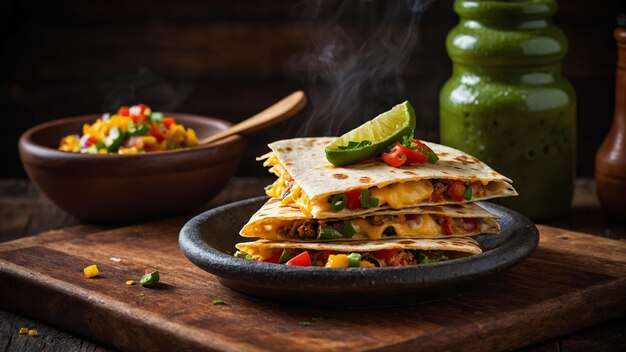 Une pile de quesadillas fraîchement préparées sur une planche à couper en bois rustique mettant en valeur les