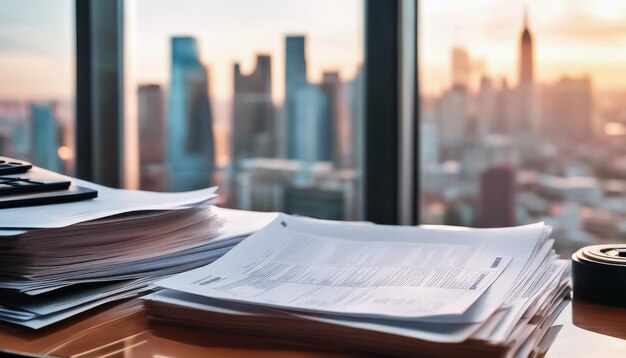 Photo pile de rapports financiers et de documents sur un bureau avec un horizon flou de la ville