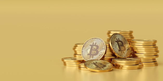 Pile de rendu 3D de bitcoins de crypto-monnaie d'or sur fond d'or avec espace de copie