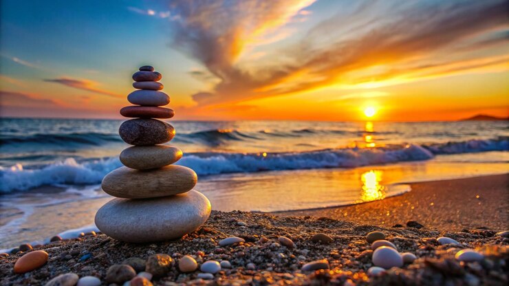 Photo une pile de rochers avec un coucher de soleil en arrière-plan