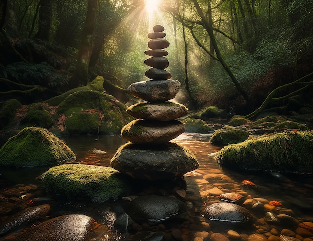 Photo une pile de rochers dans une forêt avec le soleil qui brille dessus.