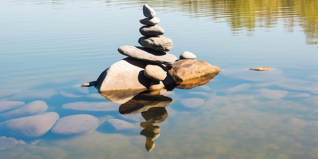 Une pile de rochers sur un lac avec un reflet de l'eau.