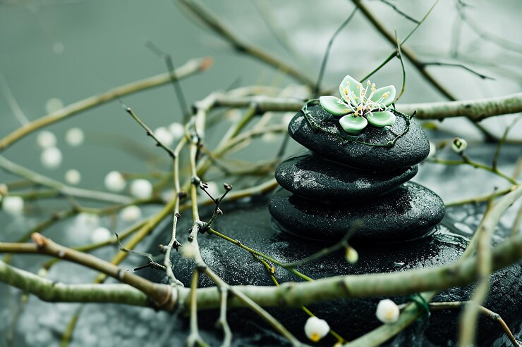 Photo une pile de rochers noirs avec des fleurs de spa