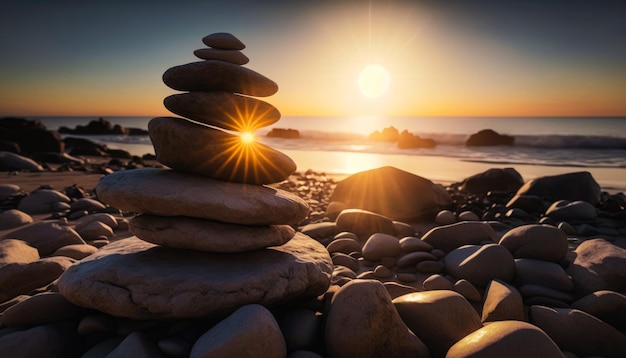 Pile de rochers sur la plage avec le soleil couchant en arrière-plan Generative AI