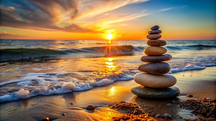 Photo une pile de rochers sur une plage avec le soleil qui se couche derrière eux