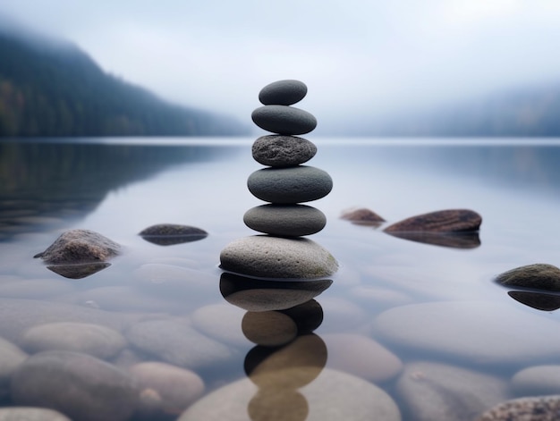 Une pile de roches dans un lac avec une montagne en arrière-plan.