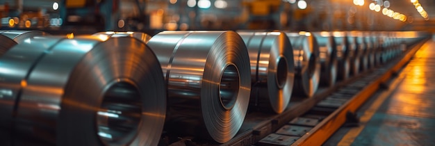 Une pile de rouleaux d'acier dans une usine