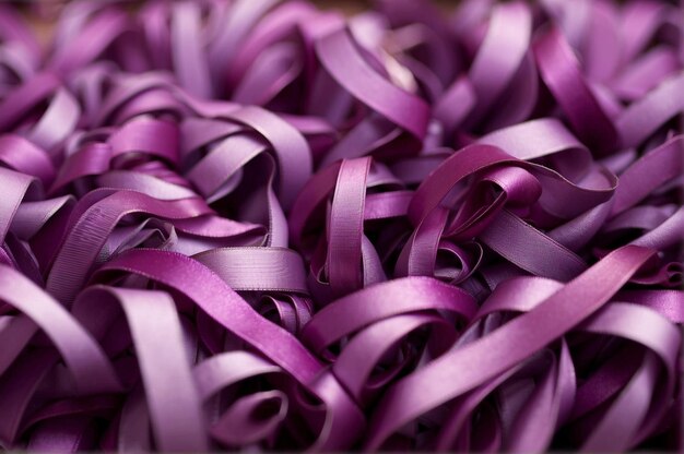 Pile de rubans violets, symbole de solidarité dans la lutte contre le cancer en cette Journée mondiale de sensibilisation au cancer