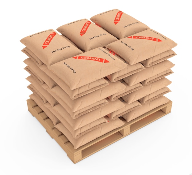 Pile De Sacs En Papier Sacs De Ciment Sur Palette En Bois Sur Un Fond Blanc. Rendu 3d Photo