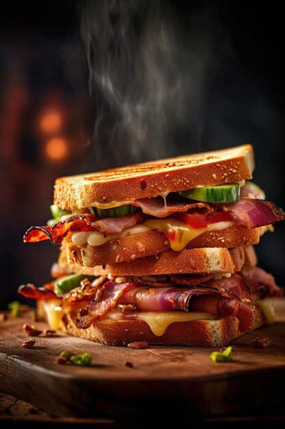 Une pile de sandwich au bacon et au fromage avec un feu fumé en arrière-plan.