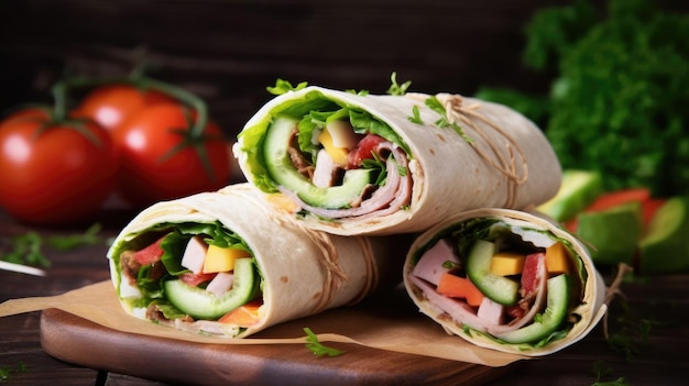 Une pile de sandwichs emballés avec des légumes sur une table en bois.