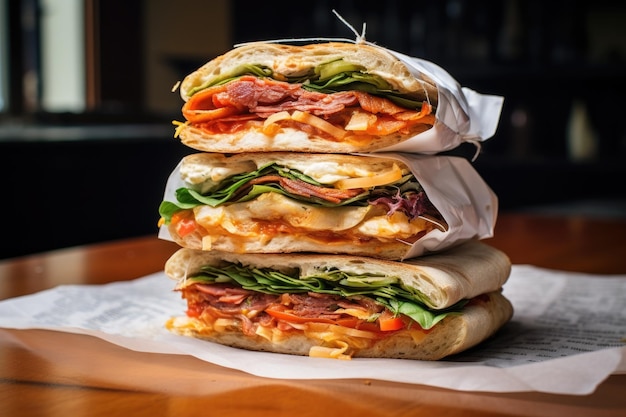 Pile de sandwichs enveloppés dans du papier sulfurisé