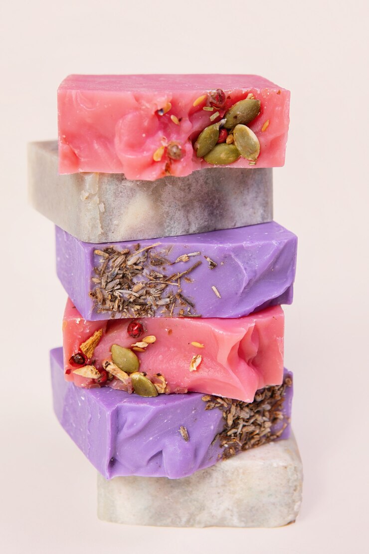 Photo pile de savon artisanal fait maison. arômes de cidre de cerise, de bois de santal, de café et de lavande. petite entreprise, produits biologiques, ingrédients naturels.