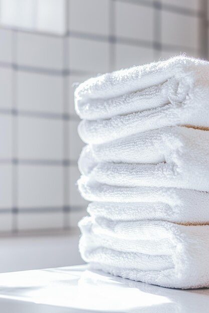 Une pile de serviettes blanches fraîches soigneusement pliées dans une salle de bain
