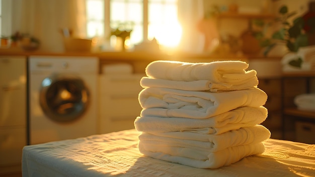 Une pile de serviettes blanches à la lumière dorée