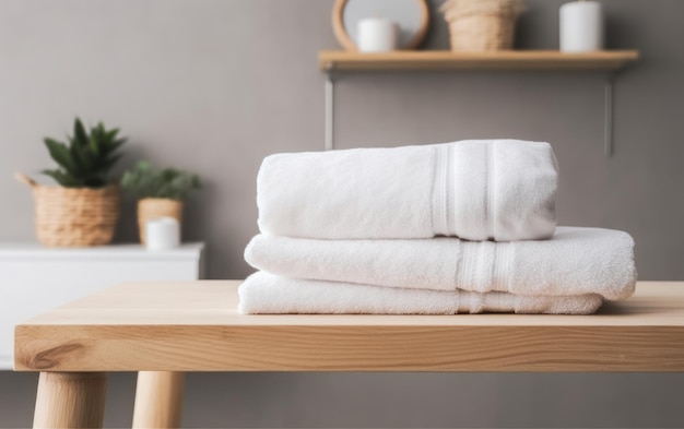 Pile de serviettes blanches sur une table en bois dans la salle de bain avec espace