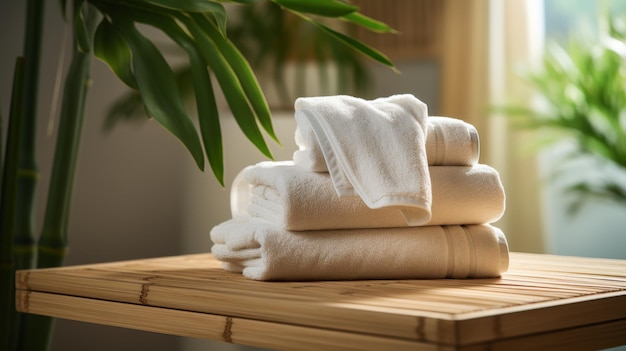 Une pile de serviettes blanches sur une table en bois