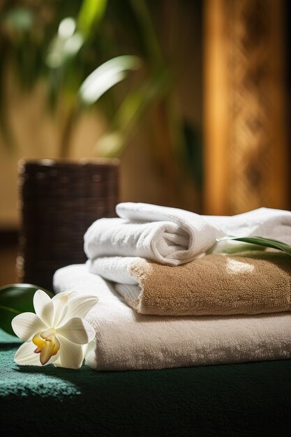 Une pile de serviettes blanches sur la table dans un spa de salle de bain moderne