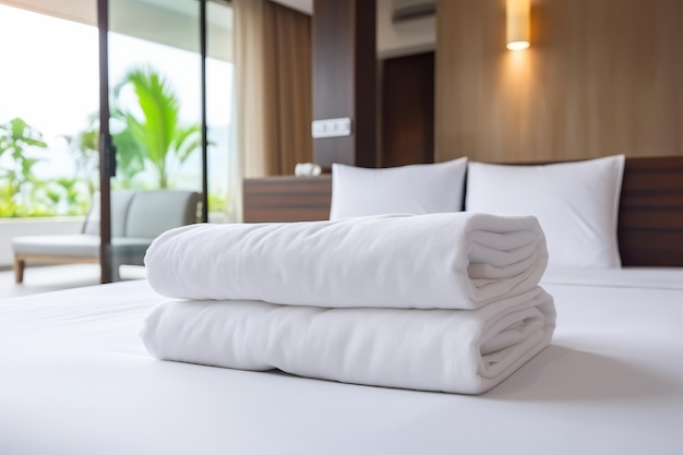 Une pile de serviettes en coton blanc propre sur le lit dans une chambre d'hôtel