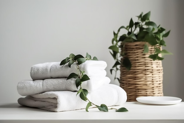 Une pile de serviettes avec une plante dans le panier sur la table.