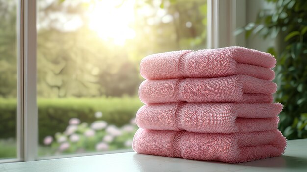 Une pile de serviettes roses assises sur une table à côté d'une fenêtre avec une plante verte en arrière-plan