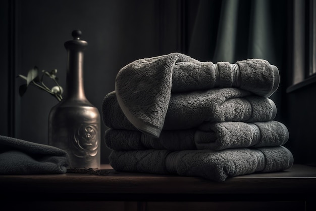 Une pile de serviettes sur une table avec une bouteille d'eau.