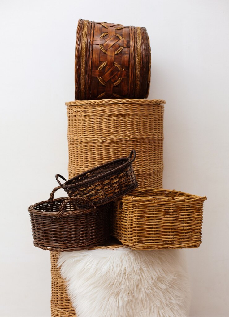 Photo pile de six paniers en osier, stockage écologique à la maison artisanal