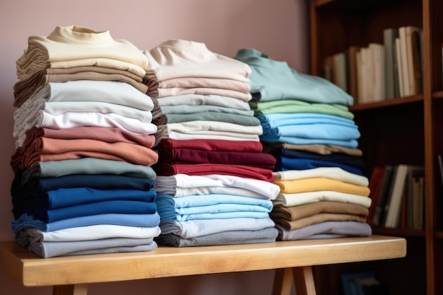 Une pile soignée de t-shirts décontractés sur une étagère