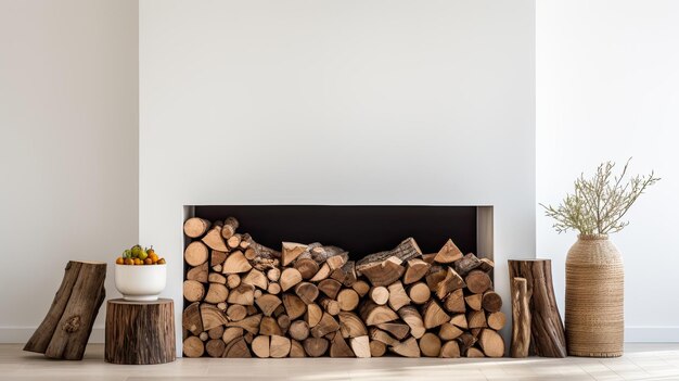 Photo une pile soigneusement empilée de bois de chauffage coupé positionnée près d'une cheminée chaude dans un salon minimaliste avec un décor de style moderne