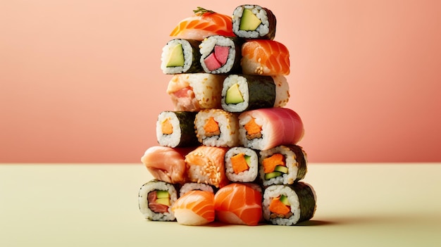 Une pile de sushis sur une table