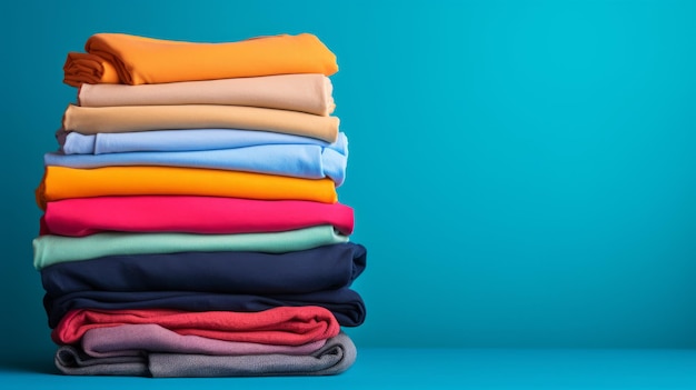 Une pile de t-shirts colorés avec un fond propre IA générative