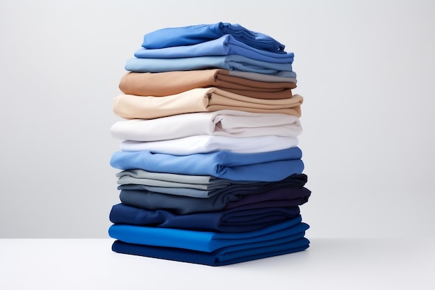 Pile de T-shirts pliés de vêtements organisés sur fond blanc AI générative