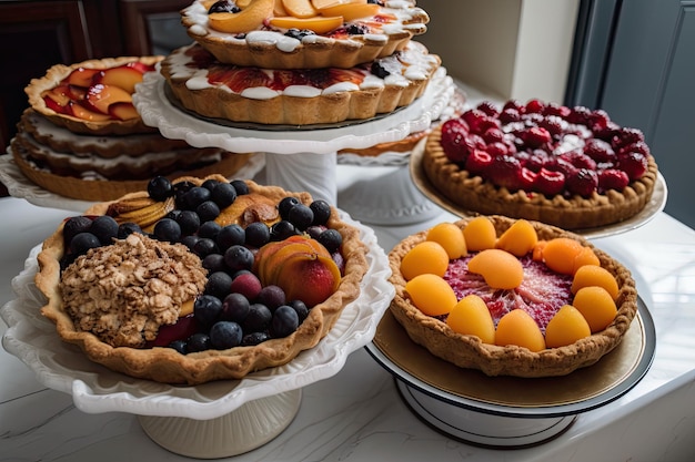 Pile de tartes aux fruits et de tartes prêtes à être dégustées par les amis et la famille créées avec une IA générative