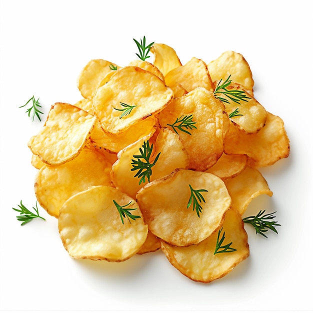 Pile et tas de chips de pommes de terre ondulées et croustillantes, collations salées ou chips isolées sur un fond blanc