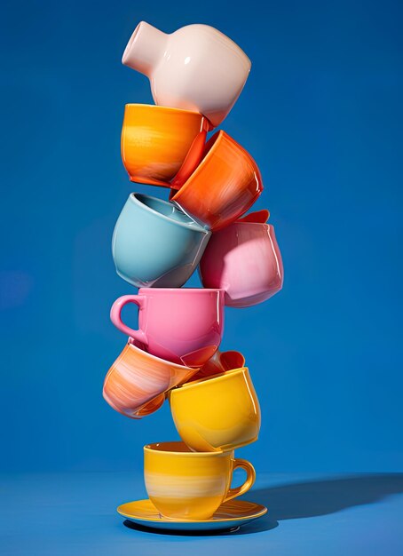 Photo une pile de tasses de café colorées avec des tasses colorées en elles