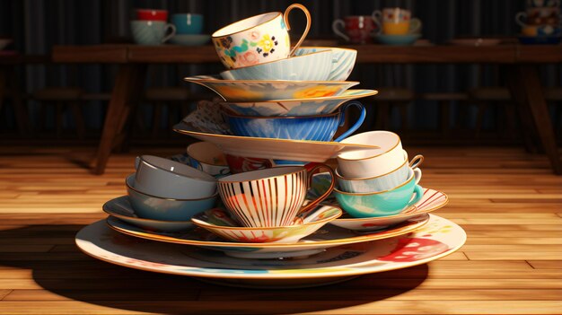 Une pile de tasses de thé et de soucoupes sur une table