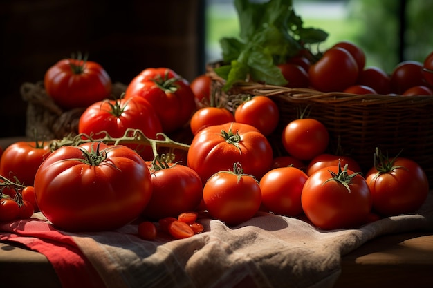 Une pile de tomates assise sur une table.