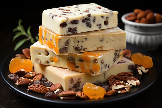 Photo une pile de torrone italien est assise sur une planche de bois ornée d'amandes, de noix de pécan et d'agrumes, ce qui suggère un festin de saveurs.