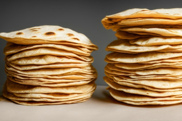 Photo pile de tortillas de farine de blé maison pour faire des takos sur fond de table gris concept de cuisine mexicaine