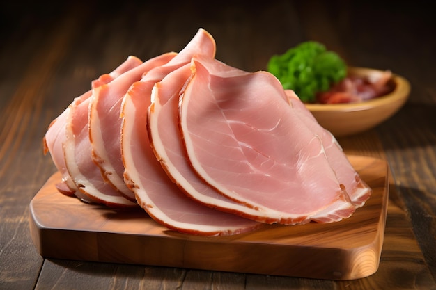 Une pile de tranches de jambon sur une planche de bois avec un bol de brocoli en arrière-plan.