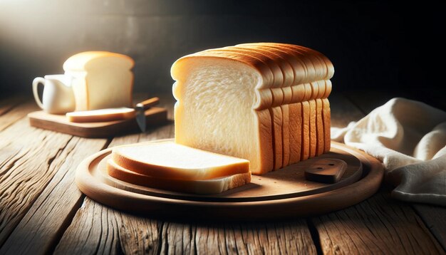 Une pile de tranches de pain blanc frais sur une table de bois rustique