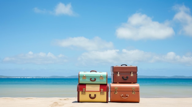 Photo une pile de trois valises sur la plage.