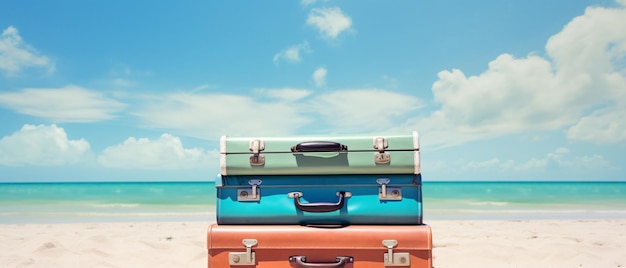 Une pile de trois valises sur la plage.