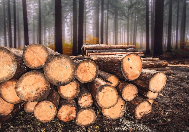 Pile de troncs d'épicéa en rondins Arbres sciés de la forêt Exploitation forestière Industrie du bois Couper des arbres le long d'une route préparée pour l'enlèvement