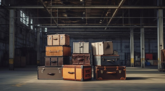 pile de valises vintage dans l'entrepôt